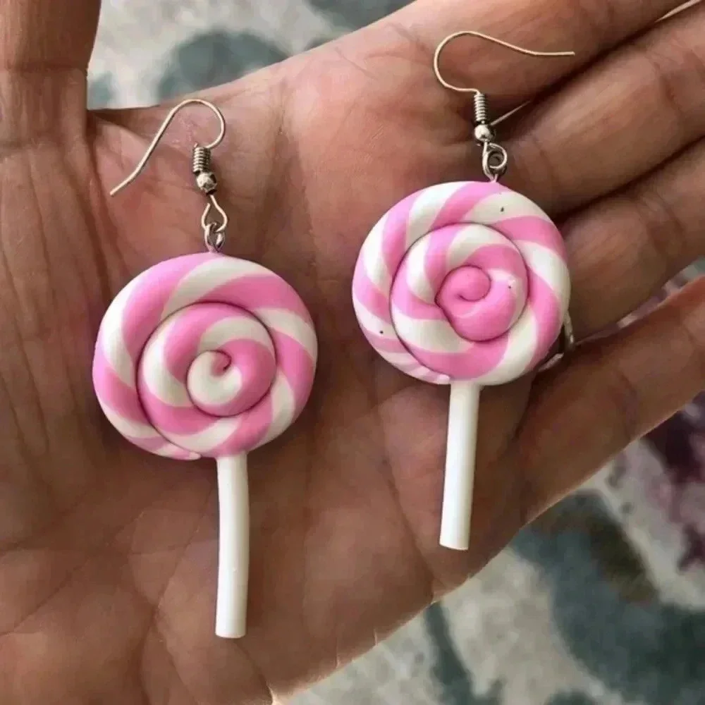 Pink & White Big Swirl Lollipop Earrings NWT